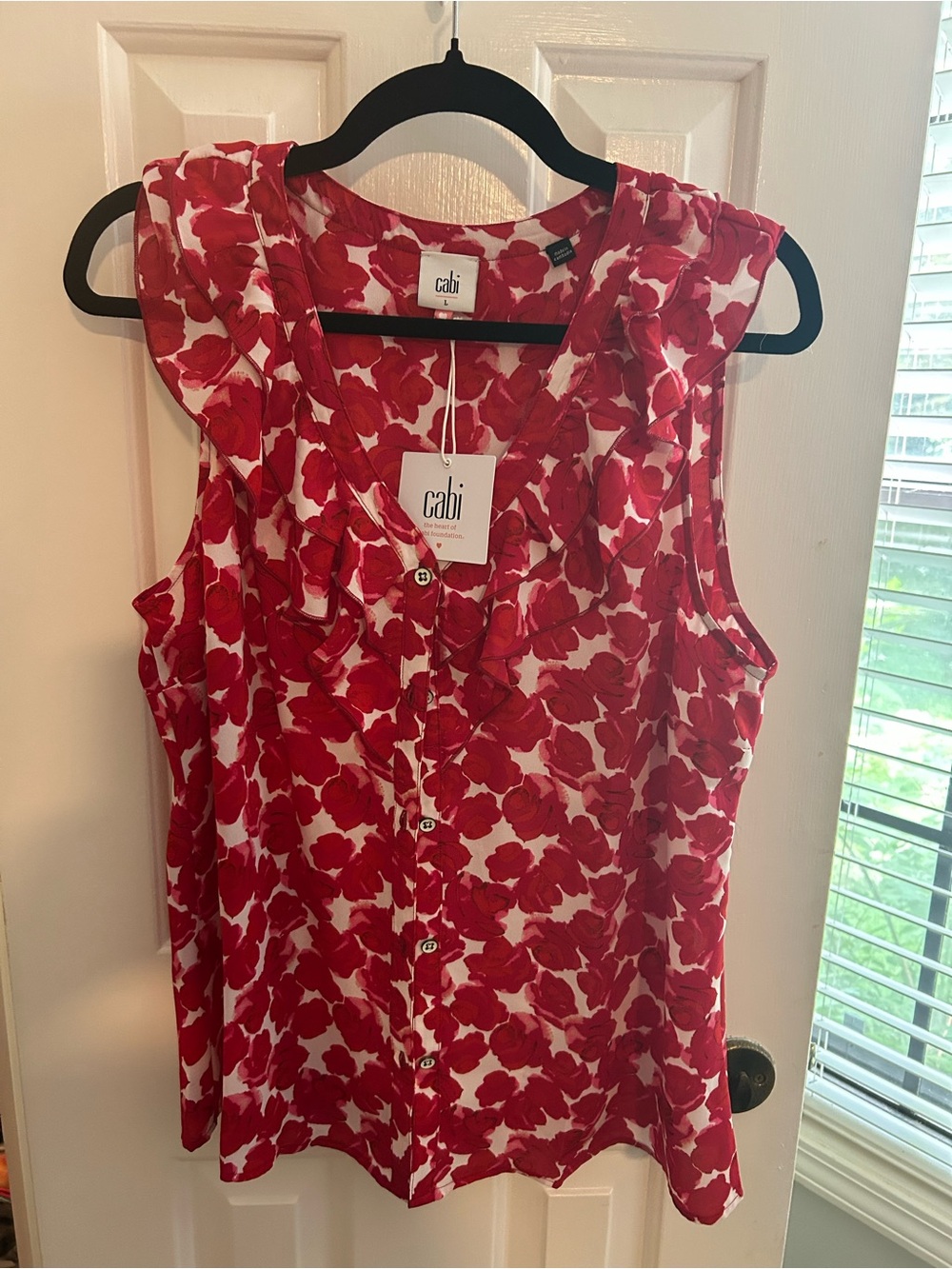 CAbi Red and White Floral Ruffle-Trim Sleeveless Blouse NWT